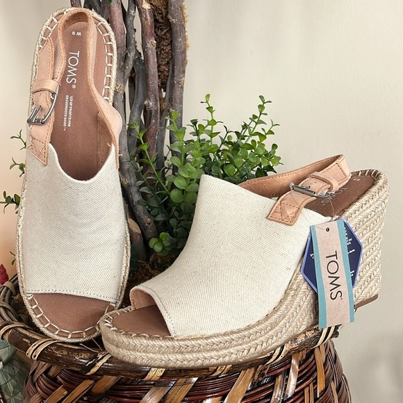 Brand New TOMS Natural Oxford Leather Neutral Espadrille Wedge Slingback Sandals - Picture 3 of 14